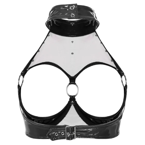 Sexy Womens Patent Leather Brassiere Underwear Lingerie Rivet O Ring Halter Open Breast Bra Open Cup Underwired Bra Crop Top - Image 6