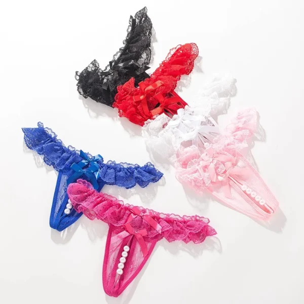 1Pcs Sexy Lace Mesh Women Panties Pearl Open Crotch Women Underwear Sexy G String Erotic Thongs Low Waist Bowknot Strings - Image 4