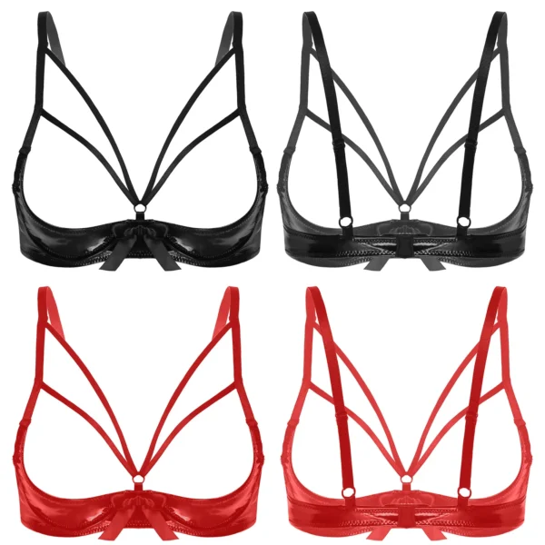 Womens Erotic Lingerie Wet Look Patent Leather Cupless Bra Tops Sexy Open Cups Bowknot Underwired Tank Bralette Crop Tops Femme - Image 5