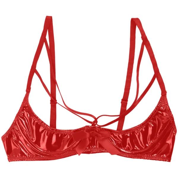Womens Erotic Lingerie Wet Look Patent Leather Cupless Bra Tops Sexy Open Cups Bowknot Underwired Tank Bralette Crop Tops Femme - Image 3