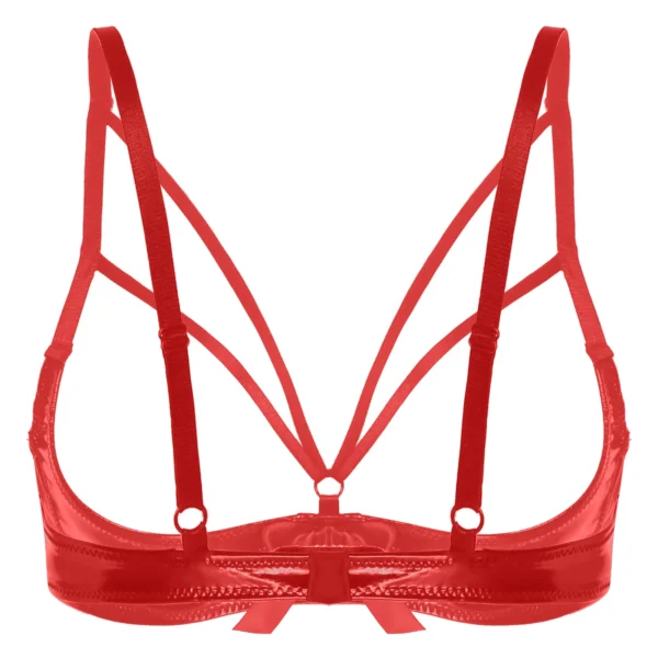 Womens Erotic Lingerie Wet Look Patent Leather Cupless Bra Tops Sexy Open Cups Bowknot Underwired Tank Bralette Crop Tops Femme - Image 2
