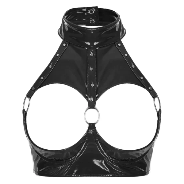 Sexy Womens Patent Leather Brassiere Underwear Lingerie Rivet O Ring Halter Open Breast Bra Open Cup Underwired Bra Crop Top - Image 5