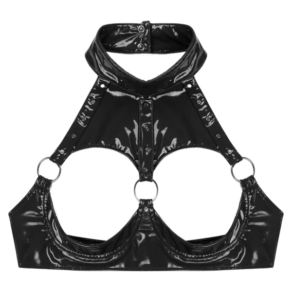 Sexy Womens Patent Leather Brassiere Underwear Lingerie Rivet O Ring Halter Open Breast Bra Open Cup Underwired Bra Crop Top - Image 3