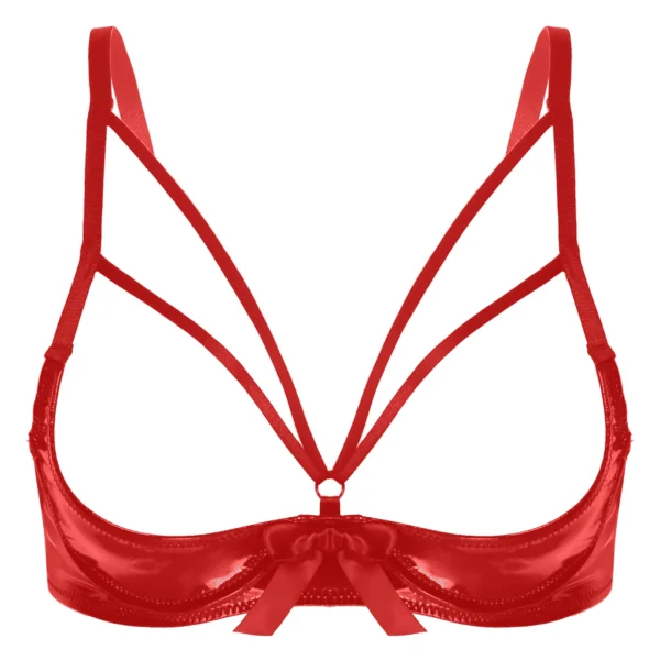Womens Erotic Lingerie Wet Look Patent Leather Cupless Bra Tops Sexy Open Cups Bowknot Underwired Tank Bralette Crop Tops Femme