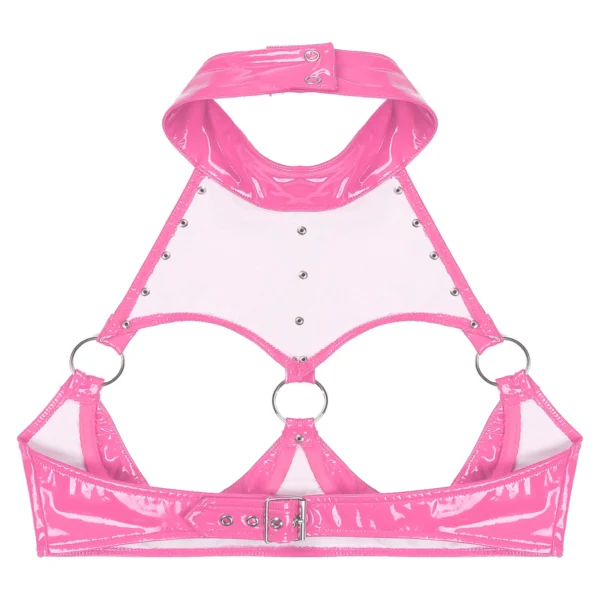 Sexy Womens Patent Leather Brassiere Underwear Lingerie Rivet O Ring Halter Open Breast Bra Open Cup Underwired Bra Crop Top - Image 2