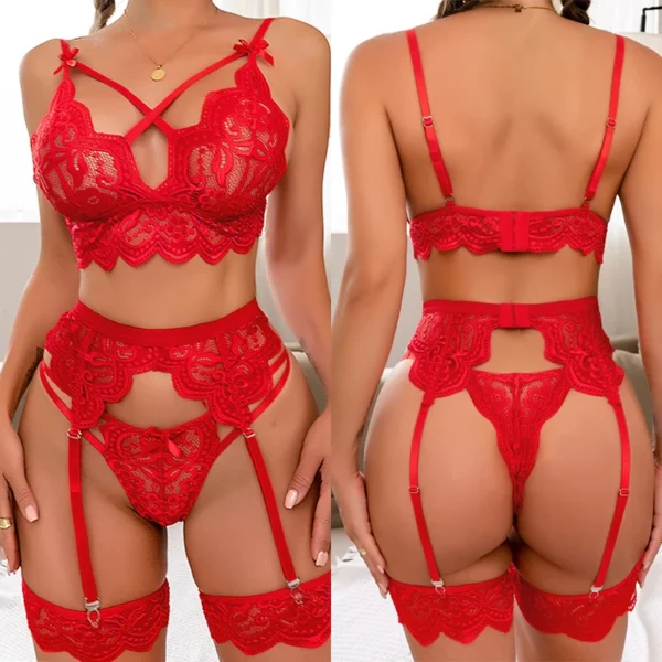 Women's Sexy Lingerie Set Teddy Lace Erotic Bikini Plus Size 3pcs Bra And Panty Garters See Through Babydoll Lingerie For Women
