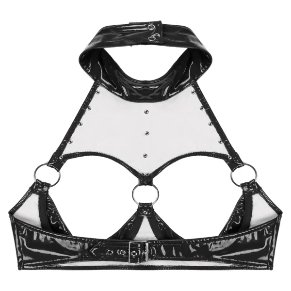 Sexy Womens Patent Leather Brassiere Underwear Lingerie Rivet O Ring Halter Open Breast Bra Open Cup Underwired Bra Crop Top - Image 4